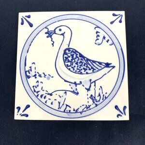 Vintage Blue & White Bird Tile Trivet 5.75" Square Raised Details Delft Unsigned